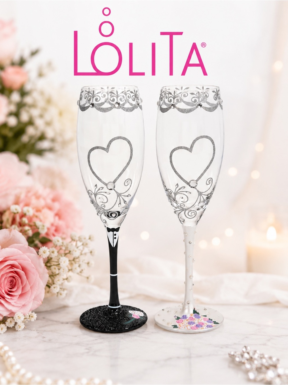 Lolita® “Love My Wine” Bride & Groom Hand-Painted Wine Glass Set